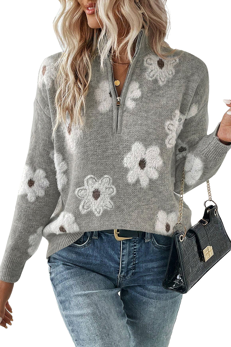 Khaki Vintage 60s Floral Pattern Half Zip Collar Drop Shoulder Sweater