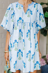 Sky Blue Floral Striped Print Tie Notched Neck Puff Sleeve Flared Mini Dress