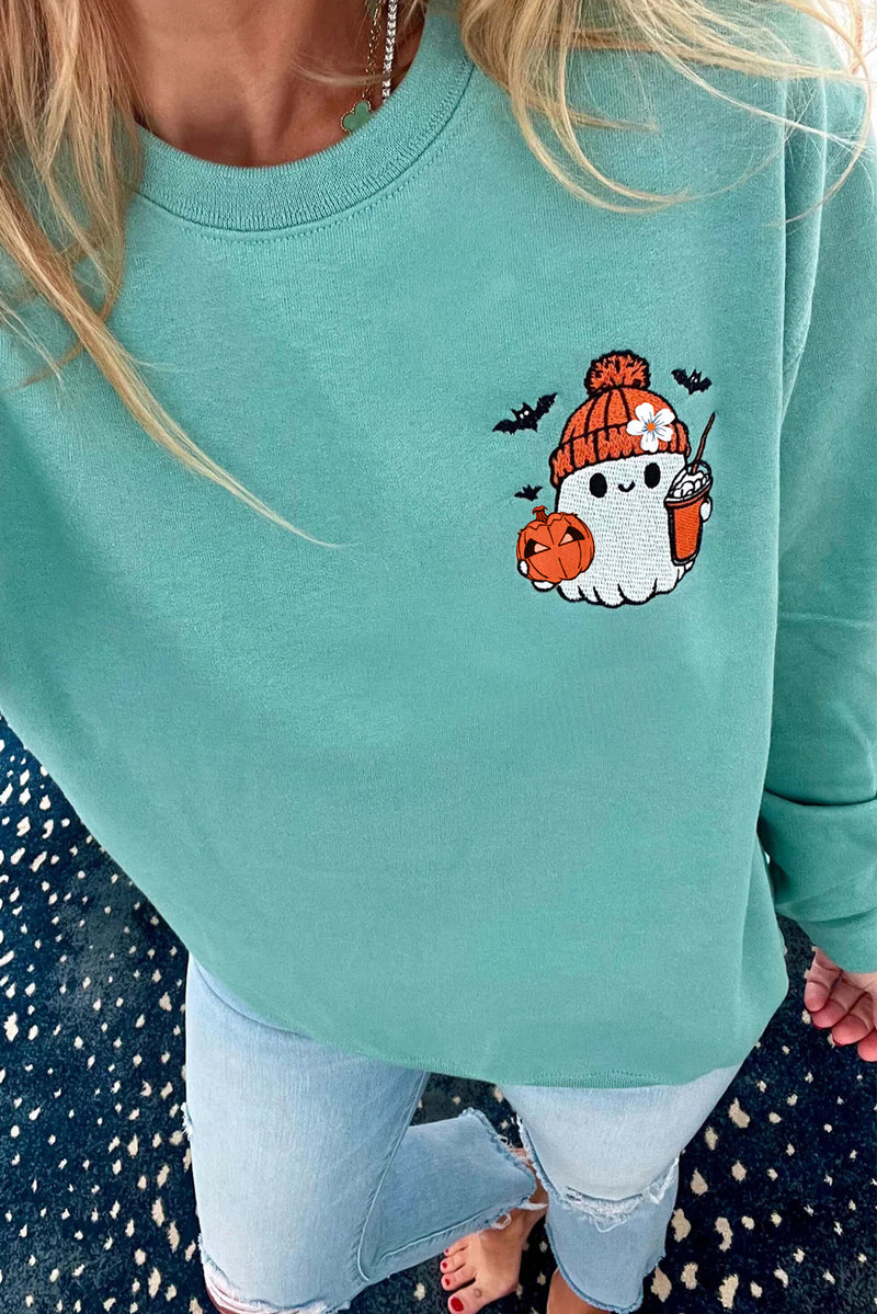 Aruba Blue Cute Halloween Ghost Embroidered Sweatshirt