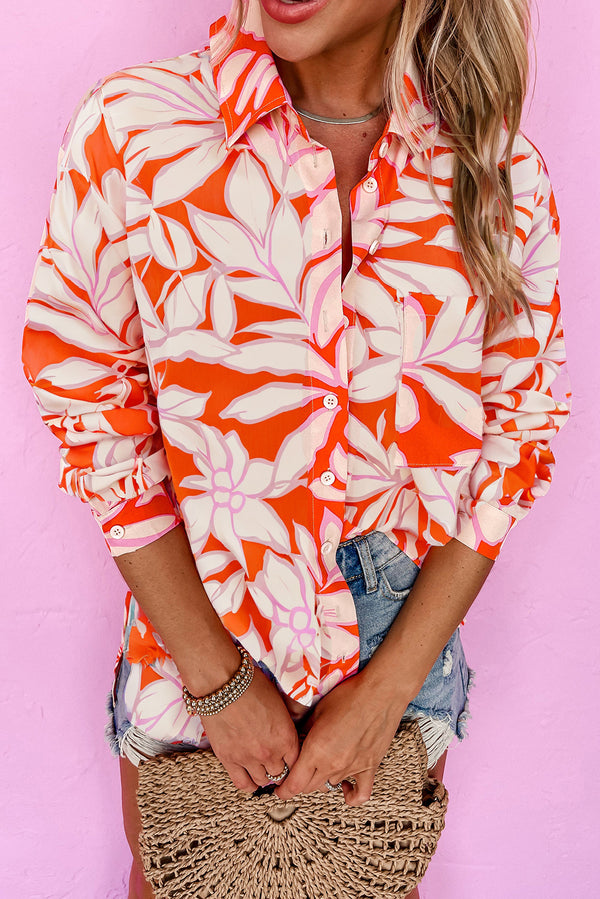 Orange Botanical Print Chest Pocket Button Up Shirt