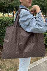 Coffee Checkered Print Large Foldable Tote Bag