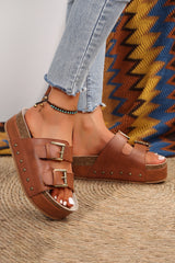 Chestnut Dual Buckle Studded Vintage Platform Sandals