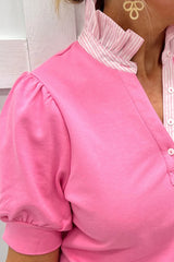 Sky Blue Striped Frilled Collar Short Sleeve Top