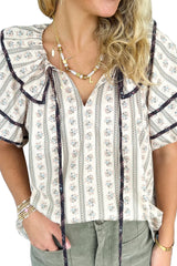 White Ruffle V-Neck Floral Print Short Sleeve Blouse