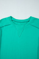 Beige Plain Exposed Seam Round Neck Pullover Sweatshirt