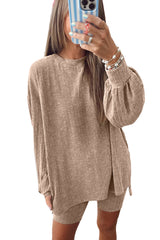 Dark Khaki Ribbed Balloon Sleeve Pullover Top and Biker Knitted Shorts Set