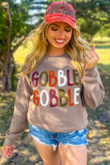 Dark Khaki GOBBLE Letter Graphic Thanksgiving Sweatshirt