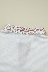 White Leopard Patchwork Turn-down Collar Waffle Top