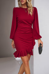 Black Solid Color Puff Sleeve Ruffle Mini Dress