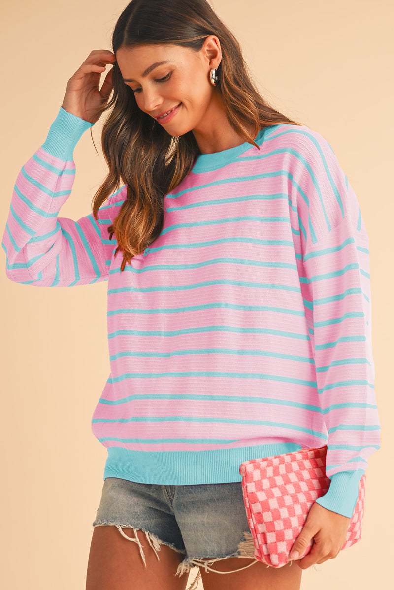 Brown Stripe Round Neck Drop Shoulder Loose Sweater