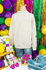 Light Grey Mardi Gras Elements Sequin Patched Striped Patchwork Zip Neck Pullover Sweatshirt