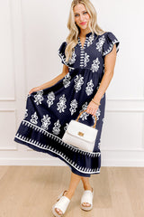 Western Ethnic Print Notched Neck Short Sleeve Midi Dress