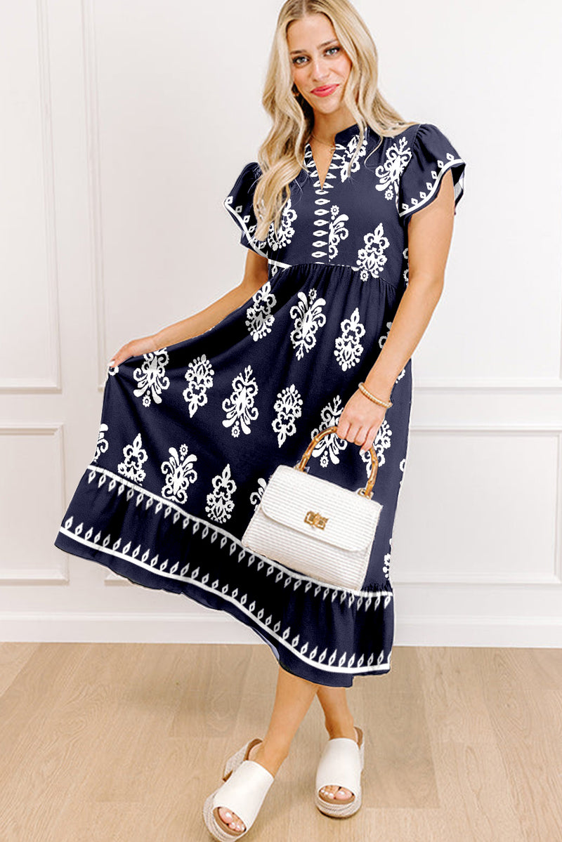 Western Ethnic Print Notched Neck Short Sleeve Midi Dress