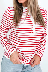 Red Stripe Contrast Frilled Trim Half Button Long Sleeve Top