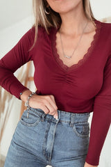 Red Dahlia Lace Sweetheart Neckline Long Sleeve Top