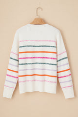 Black Colorful Striped Ribbed Trim Round Neck Sweater