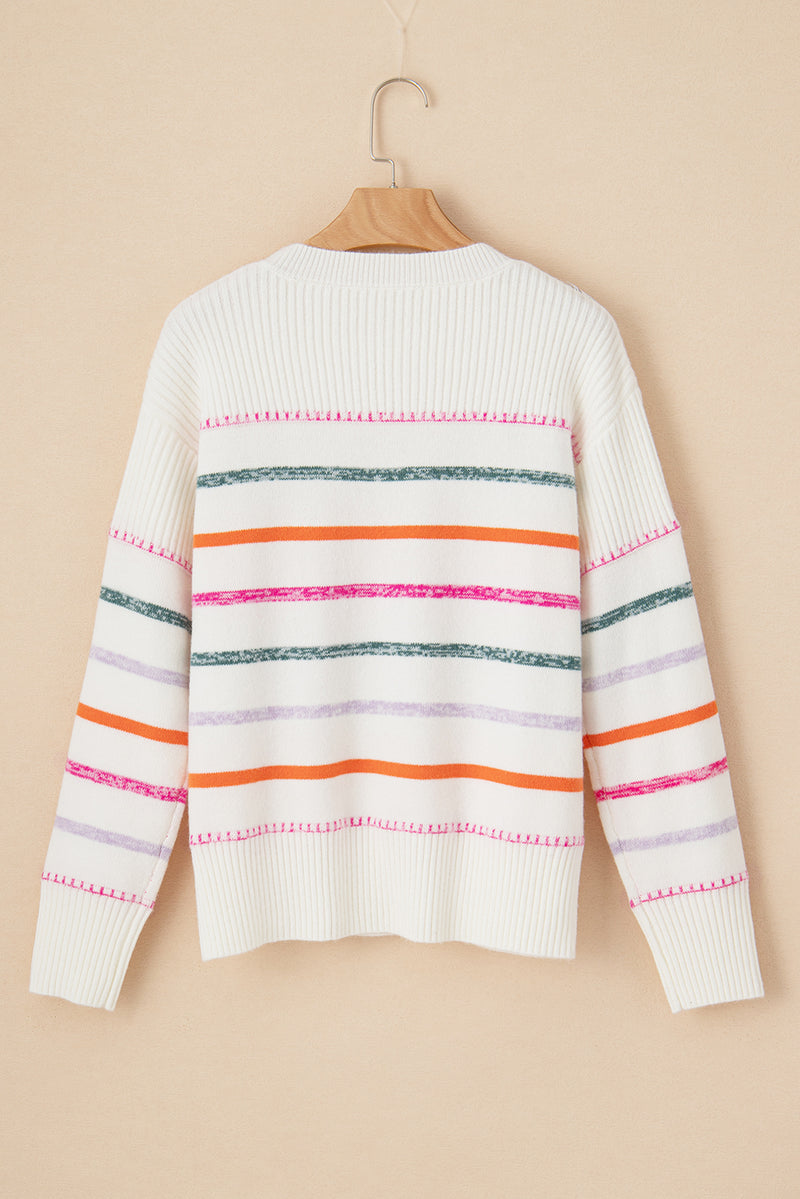 Black Colorful Striped Ribbed Trim Round Neck Sweater