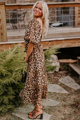 Brown Leopard Print Bubble Sleeve Ricrac Maxi Dress