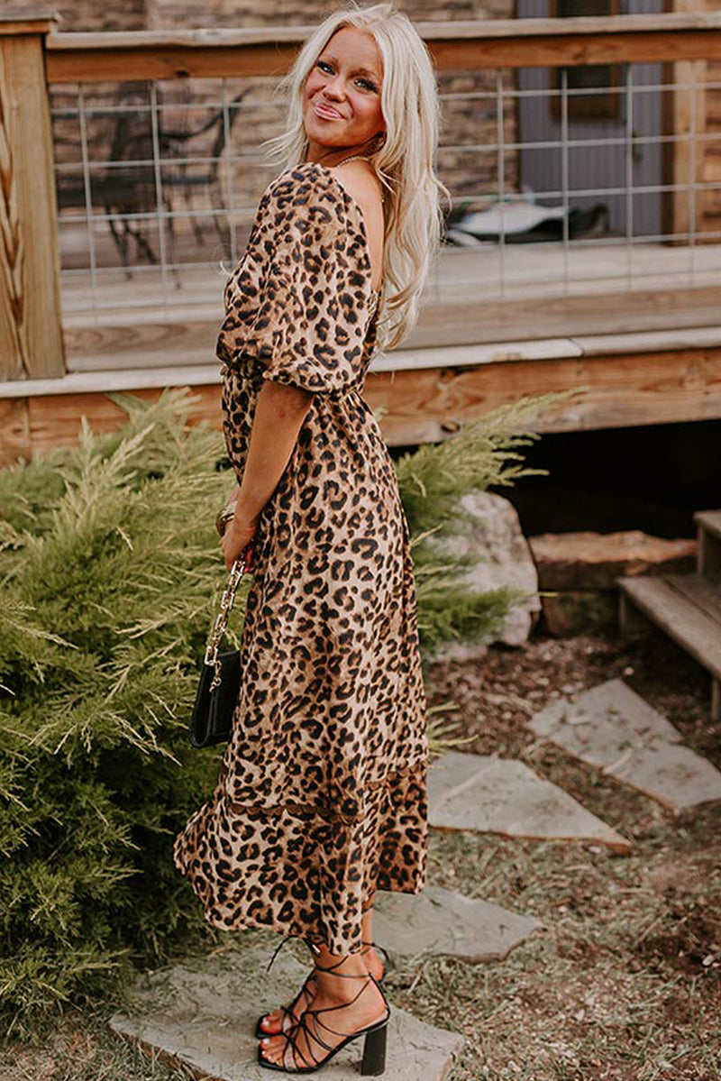 Brown Leopard Print Bubble Sleeve Ricrac Maxi Dress
