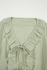 Meadow Mist Green Bow Tie Front Ruffle Trim V Neck Long Sleeve Blouse