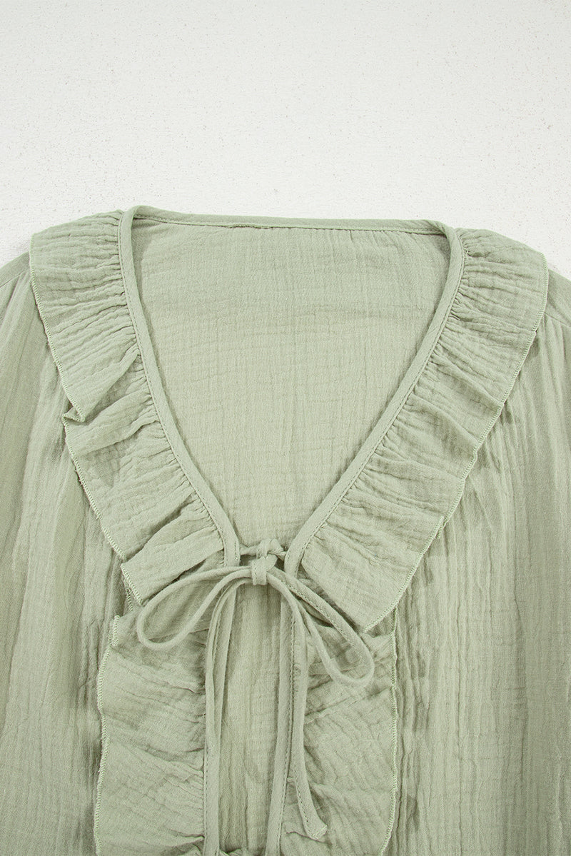 Meadow Mist Green Bow Tie Front Ruffle Trim V Neck Long Sleeve Blouse