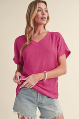 Black Plain Crinkled V Neck Short Sleeve Blouse