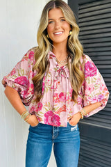 Pink Floral Print Tie Neck Puffy Half Sleeve Blouse