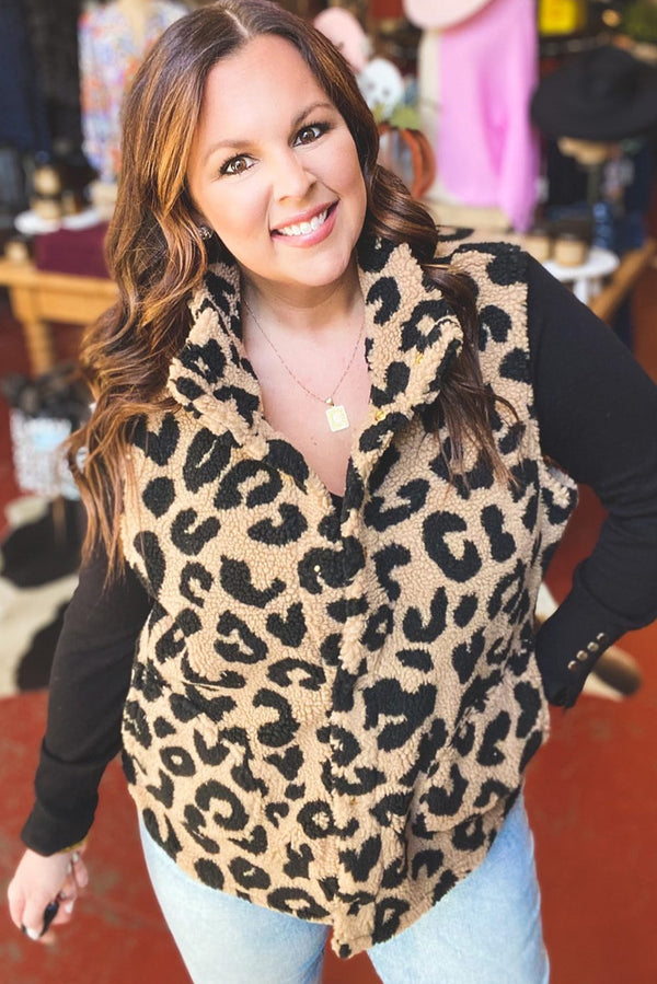 Khaki Leopard Sherpa Button Front Collared Plus Size Vest Jacket