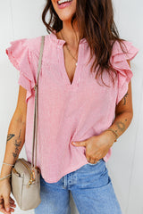 Red Stripe Frilly Split Neck Double Ruffled Short Sleeve Blouse