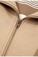 Khaki Striped Zipper Collar Pullover Sweatshirt
