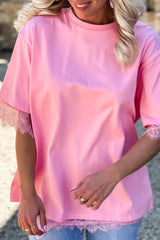 Pink Eyelash Floral Lace Patchwork Half Sleeve Oversize Tee