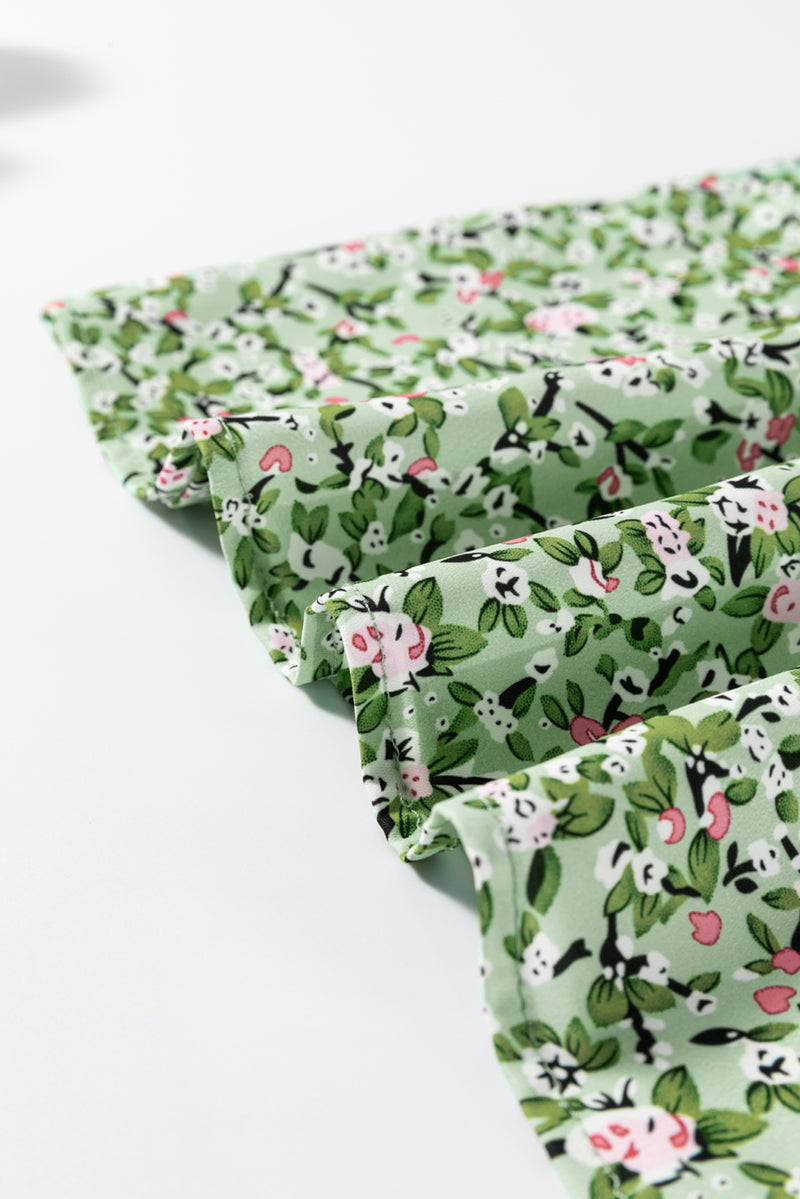 Green Boho Floral V Neck Short Sleeve Blouse