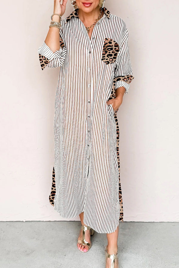 Brown Stripe Contrast Leopard Patchwork Shirt Dress