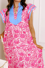 Pink Floral Print Color Block Patchwork V Neck Short Sleeve Midi Dress