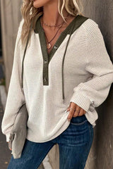 White Waffle Contrast Half Buttoned Hooded Pullover Top