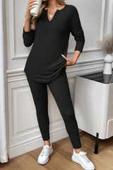 Racing Red Ribbed Notched Neck Knit Long Sleeve Leggings Two Pieces Lounge Set