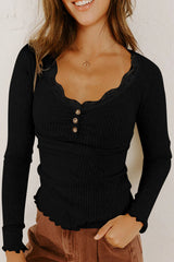 Beige Lace Neckline Button Decor Lettuce Edge Long Sleeve Ribbed Top