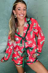 Red Christmas Print Contrast Frill Trim Ribbon Bow Pajama Set
