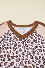 Parchment Leopard Colorblock Patchwork Twist Ribbed Plus Size Baggy Pullover