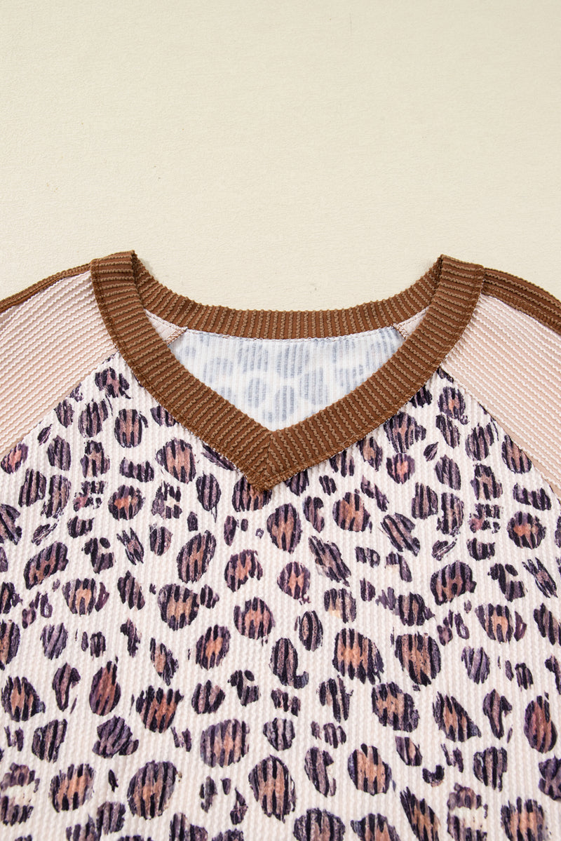 Parchment Leopard Colorblock Patchwork Twist Ribbed Plus Size Baggy Pullover