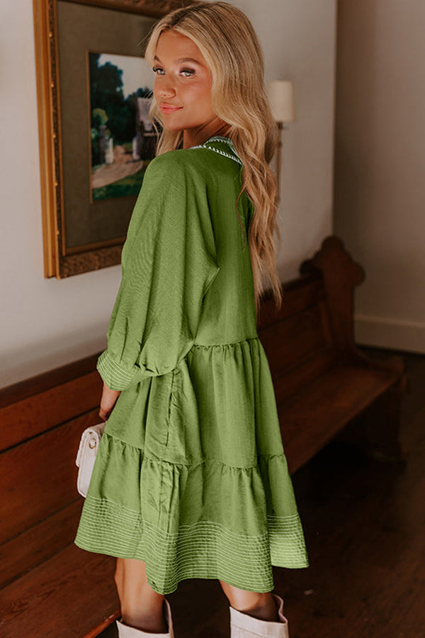 Jungle Green Contrast Stitched V Neck 3/4 Sleeve Swing Mini Dress
