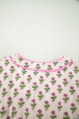 Pink Floral Print V Neck Scallop Trim Button Front Short Sleeve Long Dress