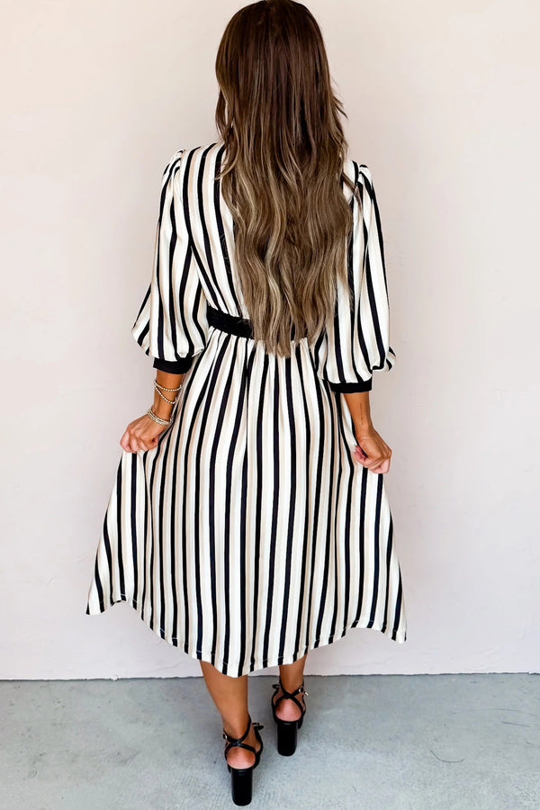 Black Stripe 3/4 Puff Sleeve Shirt Style Button Down Midi Dress