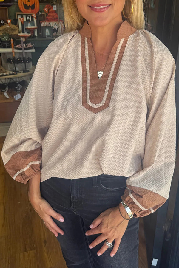 Jet Stream Colorblock Contrast V-neck Long Sleeve Blouse