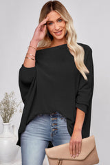 Black Waffle One Shoulder Long Sleeve Knit Top