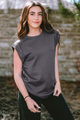 Black Casual Rivet Round Neck T Shirt
