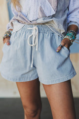 Sky Blue Stripe Drawstring Elastic Waist Casual Denim Shorts