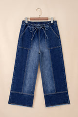 Prussian Blue Drawstring Seam Detail Raw Hem Wide Leg Jeans