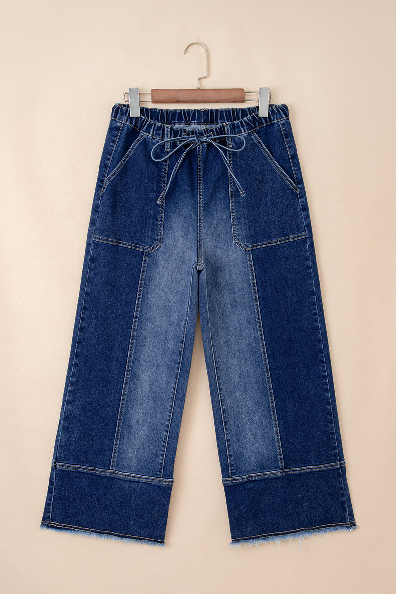 Prussian Blue Drawstring Seam Detail Raw Hem Wide Leg Jeans