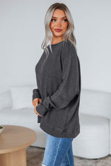 Mist Green Ribbed Plain Long Sleeve Loose Top